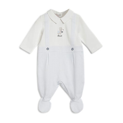 Boys White and Light Blue Applique Leg Opening Babysuit